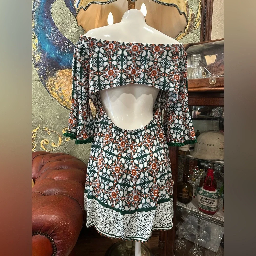 Lulus Boho Glam Open Back Medallion Print Bell Sleeve Mini Dress Size Large - Picture 9 of 12